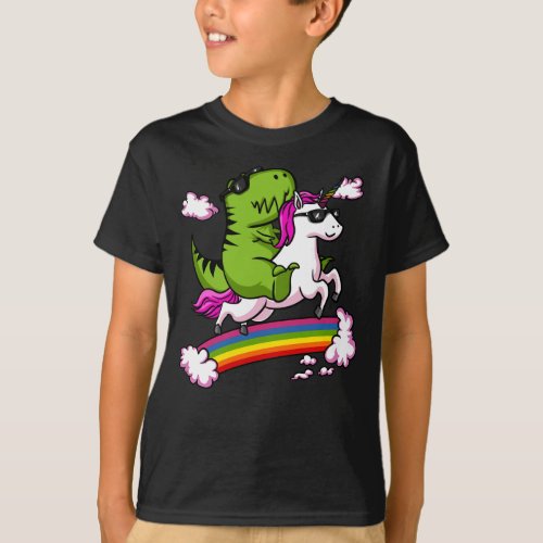 T_Rex Dinosaur Riding Magical Unicorn Rainbow T_Shirt