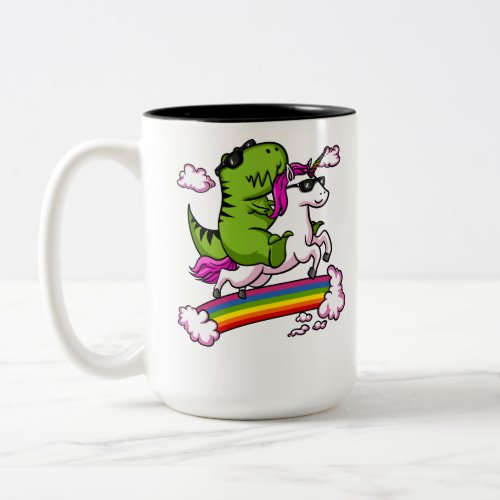 T_Rex Dinosaur Riding Magical Unicorn Rainbow Two_Tone Coffee Mug