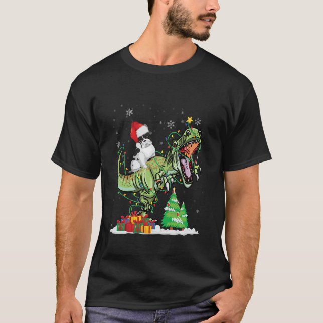 T Rex Dinosaur Riding Pug Christmas Santa Hat Long T-Shirt (Front)