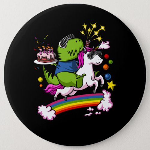 T_Rex Dinosaur Riding Unicorn Birthday Party Button