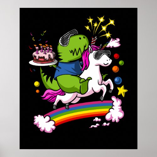 T_Rex Dinosaur Riding Unicorn Birthday Party Poster