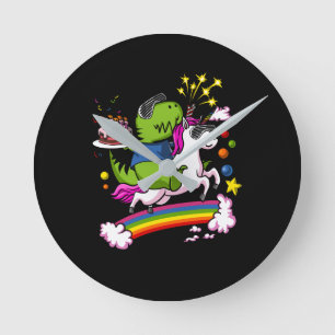 T-Rex Dinosaur Riding Unicorn Birthday Party Round Clock