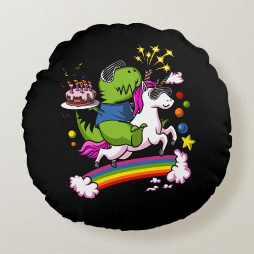 T_Rex Dinosaur Riding Unicorn Birthday Party Round Pillow