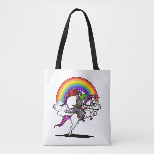 T_Rex Dinosaur Riding Unicorn Rainbow Funny Tote Bag