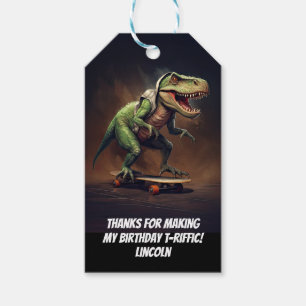 T-Rex Dinosaur Rising a Skateboard Birthday Party Gift Tags