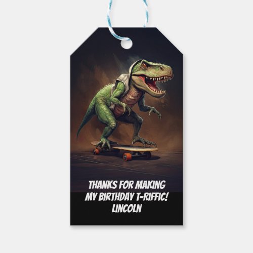 T_Rex Dinosaur Rising a Skateboard Birthday Party Gift Tags