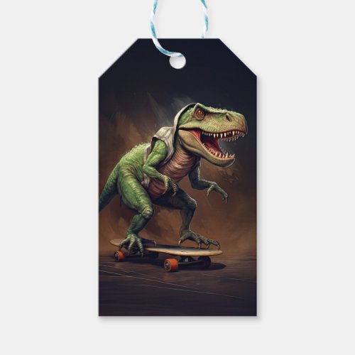 T_Rex Dinosaur Rising a Skateboard Birthday Party Gift Tags