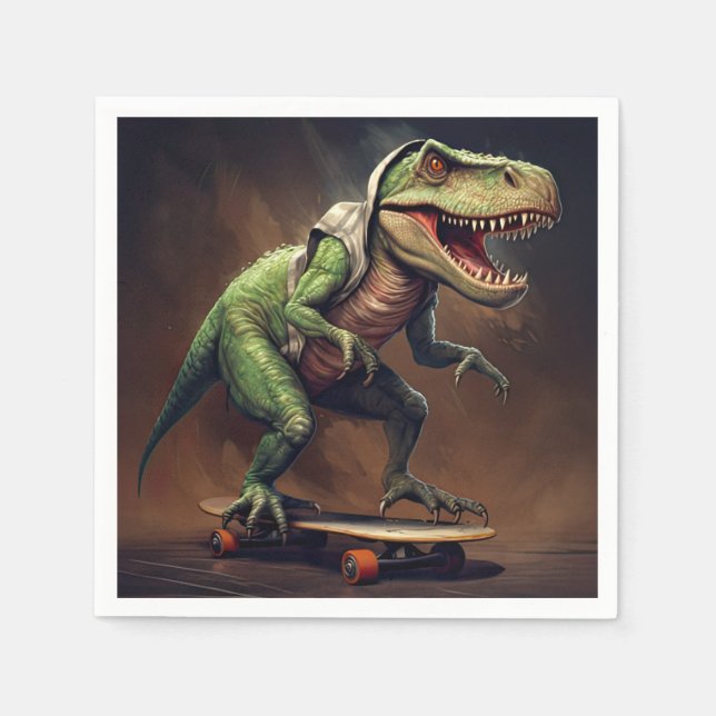T-Rex Dinosaur Rising a Skateboard Birthday Party Napkins (Front)