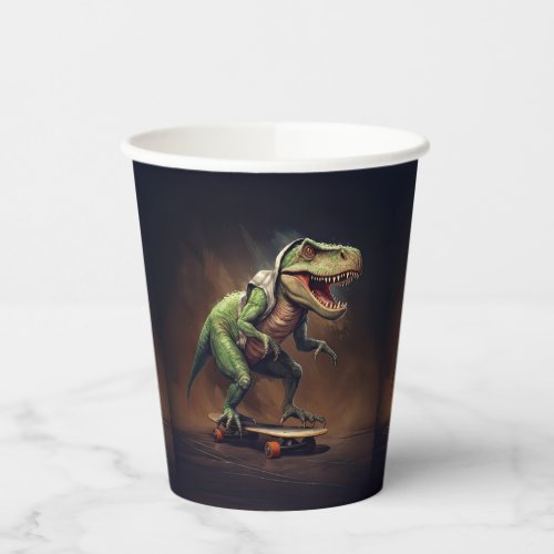 T_Rex Dinosaur Rising a Skateboard Birthday Party Paper Cups