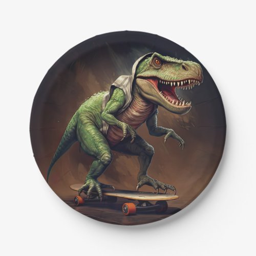 T_Rex Dinosaur Rising a Skateboard Birthday Party Paper Plates