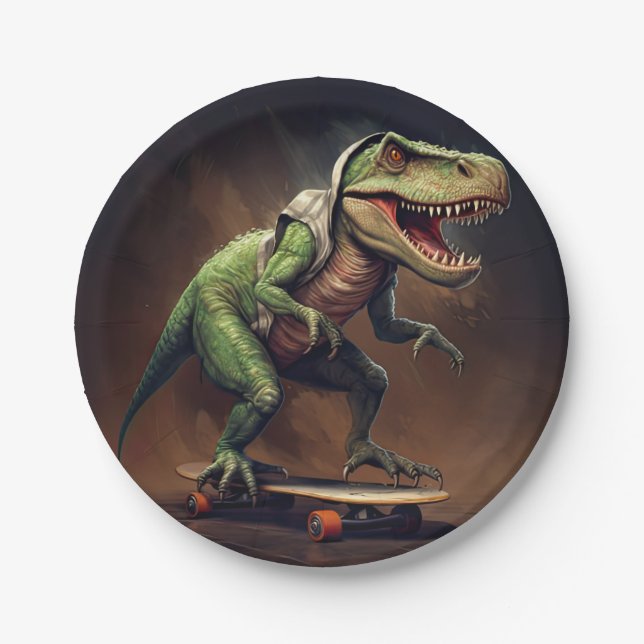 T-Rex Dinosaur Rising a Skateboard Birthday Party Paper Plates (Front)
