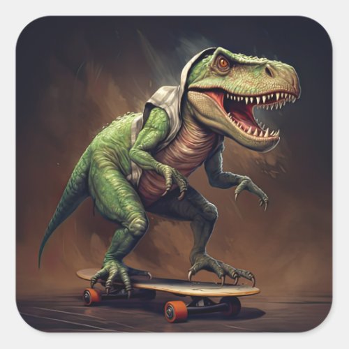 T_Rex Dinosaur Rising a Skateboard Birthday Party Square Sticker