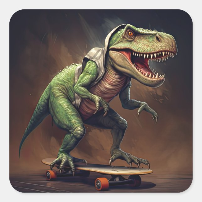 T-Rex Dinosaur Rising a Skateboard Birthday Party Square Sticker (Front)