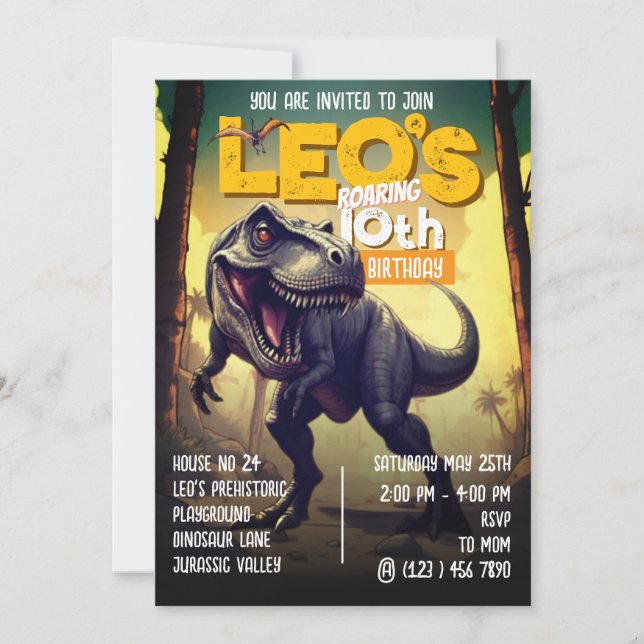 T Rex Dinosaur Roaring 10th Birthday Party  Invitation (Front)