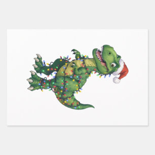 T-Rex Dinosaur Santa Hat Christmas Lights Funny Wrapping Paper Sheets