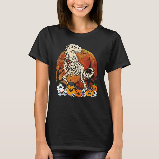 T Rex Dinosaur Skeleton Pumpkins Ghost Halloween C T-Shirt (Front)