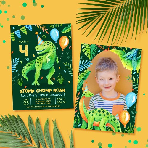 T Rex Dinosaur Stomp Chomp Roar Boy Photo Birthday Invitation