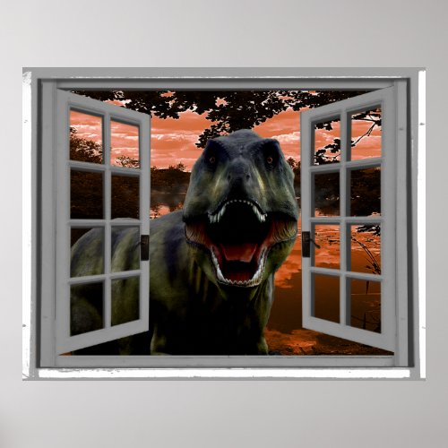 T_Rex Dinosaur Sunset View Faux Window Poster