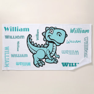 T Rex Dinosaur Teal Personalized Name Beach Towel