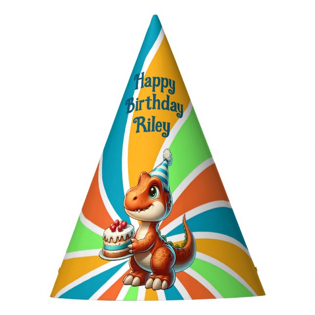 T-rex Dinosaur Themed Personalized Birthday Party Hat (Front)