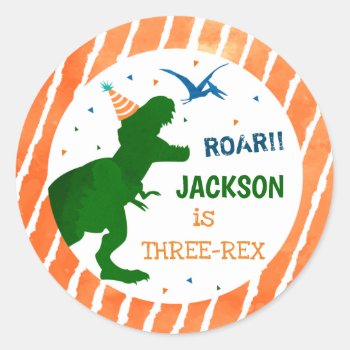 T-rex Dinosaur Three Rex Party Favor Stickers by SugarPlumPaperie at Zazzle