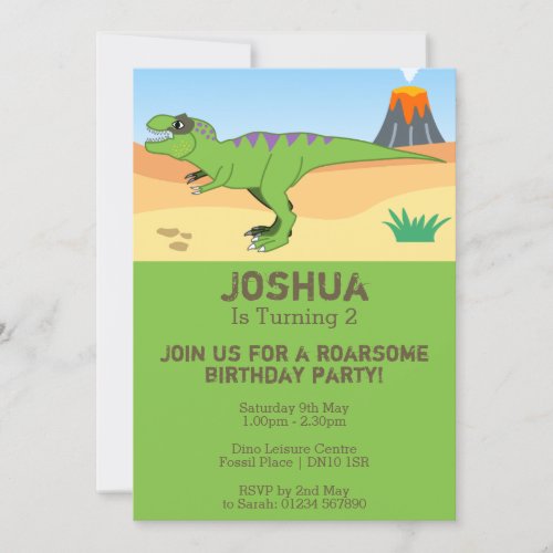 T_Rex Dinosaur  Volcano 2nd Birthday Party Invitation