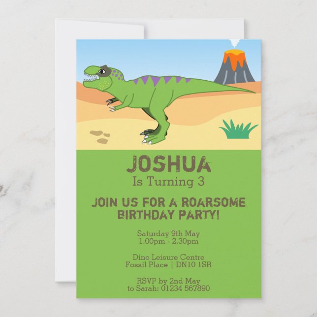 T-Rex Dinosaur & Volcano 3rd Birthday Party Invitation (Front)