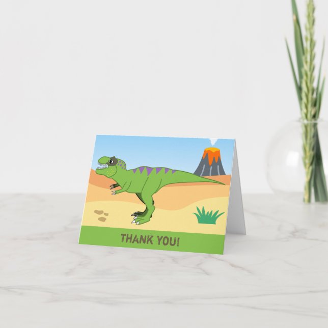 T-Rex Dinosaur & Volcano Birthday Thank You Cards (Front)