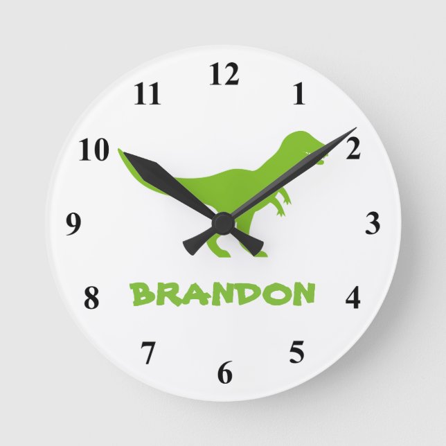 T Rex dinosaur wall clock with custom kids name (Front)