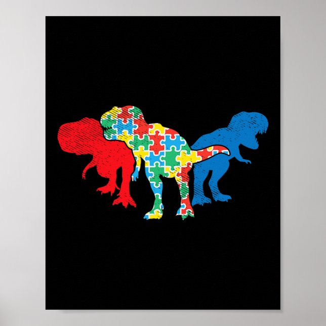 T-Rex Dinosaurs Puzzle Dino Autism Awareness ASL G Poster (Front)