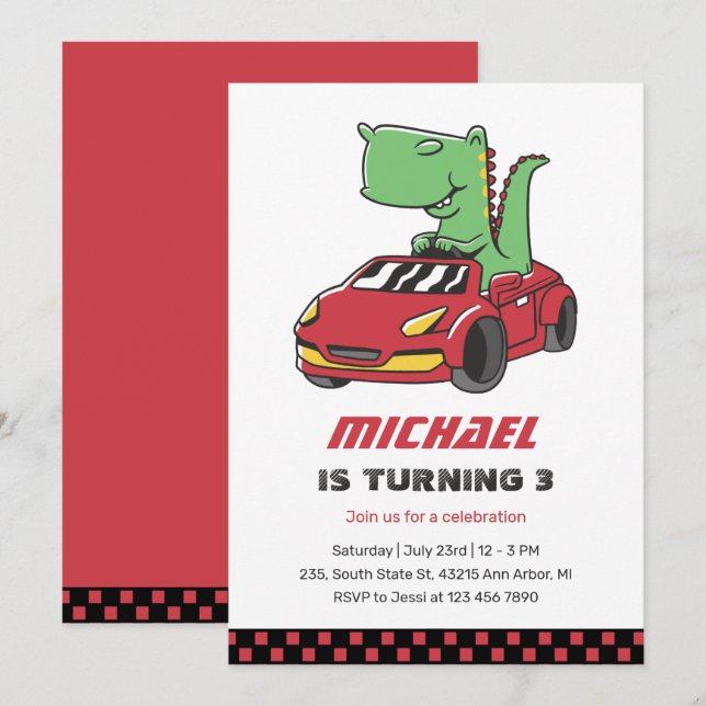 T-Rex Driver Race Car Kids Boys Birthday Invitation (Front/Back)