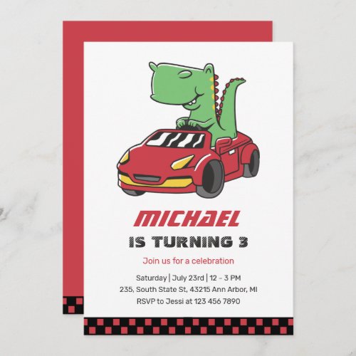 T_Rex Driver Race Car Kids Boys Birthday Invitation