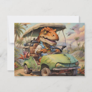 T-Rex driving green golf cart Postcard