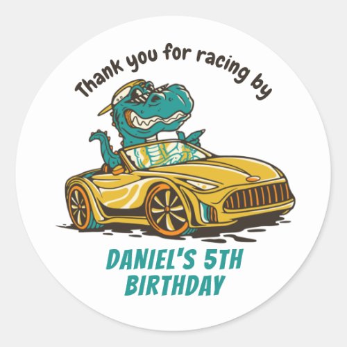 T_Rex Driving Race Car Kids Boys Birthday Party Classic Round Sticker