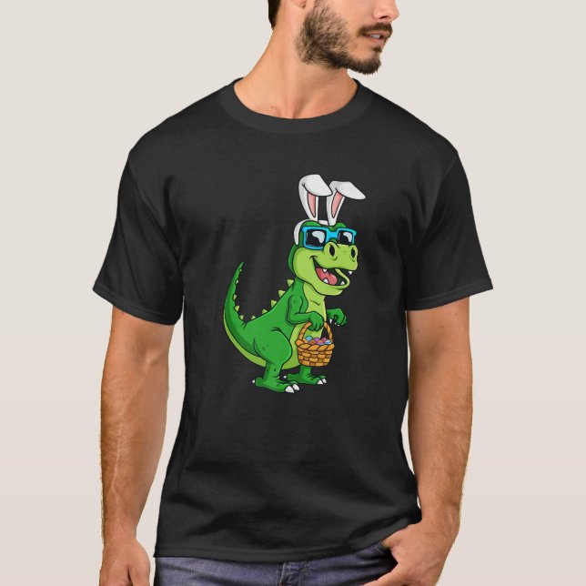 T Rex Easter Bunny With Eggs Basket Funny Dinosaur T-Shirt (Front)