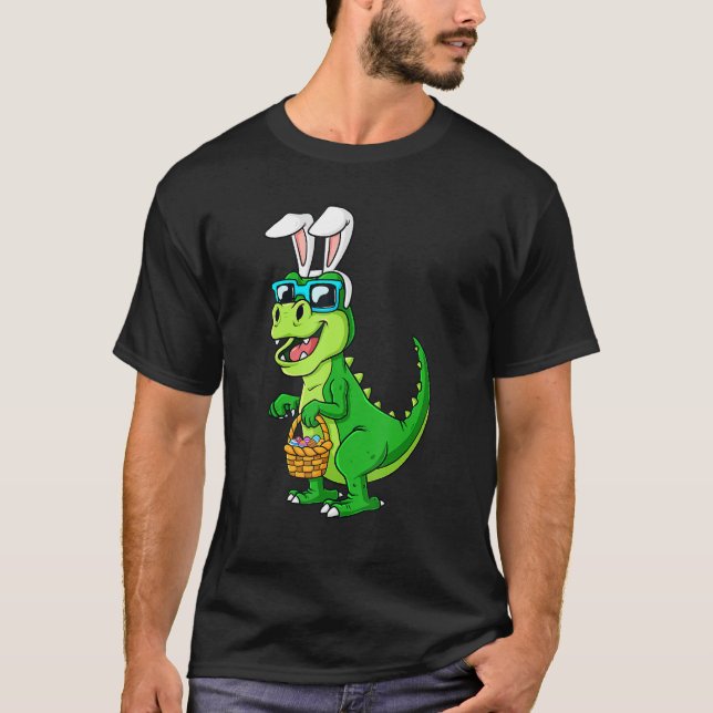 T Rex Easter Bunny With Eggs Basket Funny Dinosaur T-Shirt (Front)
