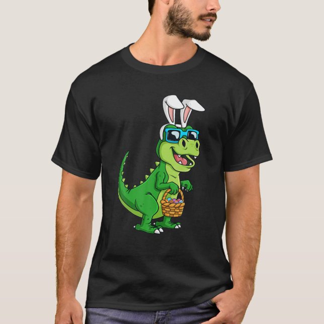 T Rex Easter Bunny With Eggs Basket Funny Dinosaur T-Shirt (Front)