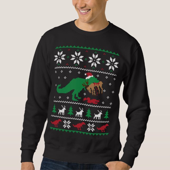 T Rex Eating Reindeer Funny Dinosaur Christmas Ugl Sweatshirt (Front)