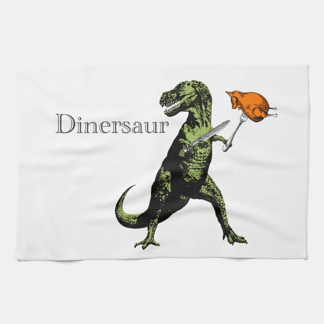T-Rex eats chicken with knife & fork: A Dinersaur… Kitchen Towel (Horizontal)