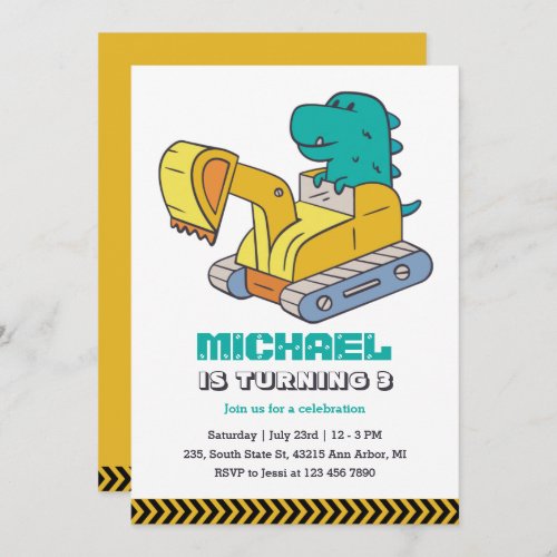 T_Rex Excavator Builder Construction Kids Birthday Invitation