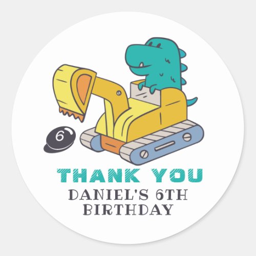 T_Rex Excavator Construction Kids Birthday Party Classic Round Sticker