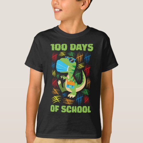 T_Rex Face Mask Fun 100 Days of School Boys Girls  T_Shirt