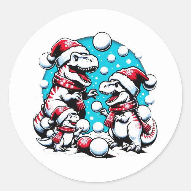 T-Rex Family Winter Holiday Snowball Adventure Classic Round Sticker (Front)