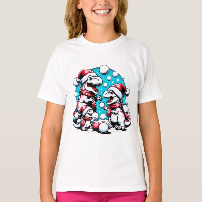 T-Rex Family Winter Holiday Snowball Adventure T-Shirt (Front)