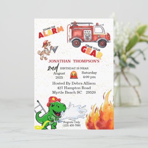 T Rex Firemans 2nd Birthday Party Invitation