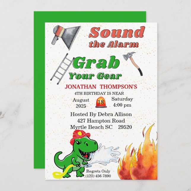 T Rex Firemans 4th Birthday Party Invitation (Front/Back)