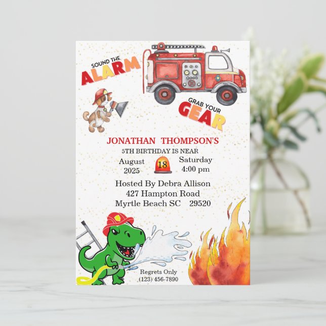 T Rex Firemans 5th Birthday Party Invitation (Standing Front)