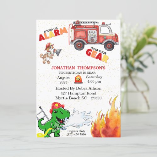 T Rex Firemans 5th Birthday Party Invitation