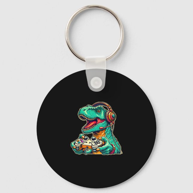 T-rex Gaming With Headset Funny Dinosaur Gamer Gra Keychain (Front)