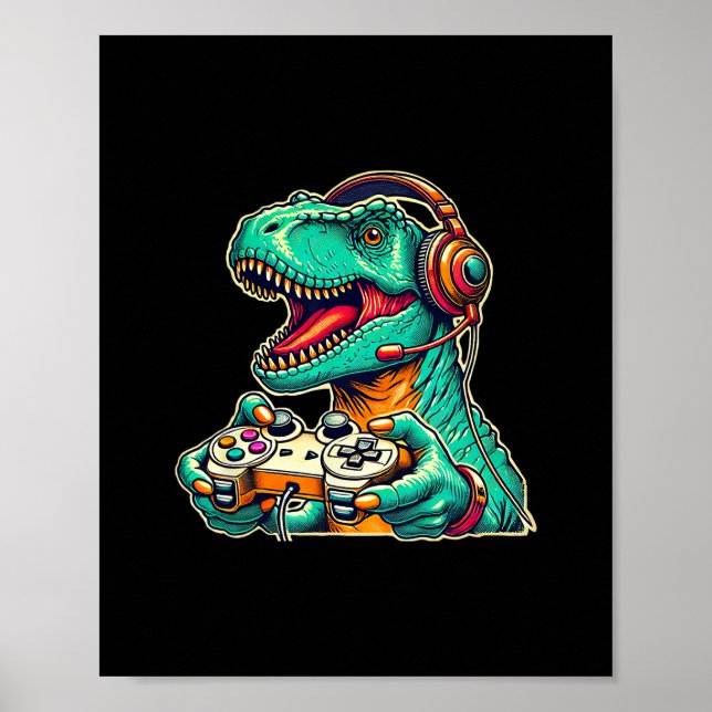 T-rex Gaming With Headset Funny Dinosaur Gamer Gra Poster (Front)